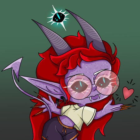 The image depicts a stylised humanoid figure with lilac skin and bright red long hair. The figure has large elven ears, a curved tail, and purple-grey horns. The figure has black eyes and pink semi-transparent circular glasses. The figure has a yellow crop